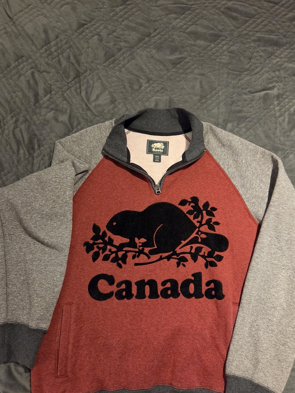 Roots Men’s Red and Gray Zip-Up Sweater with Canada Beavertail Graphic
